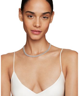 Curb Chain Necklace in Sterling Silver with Pav&eacute; Diamonds, 17"