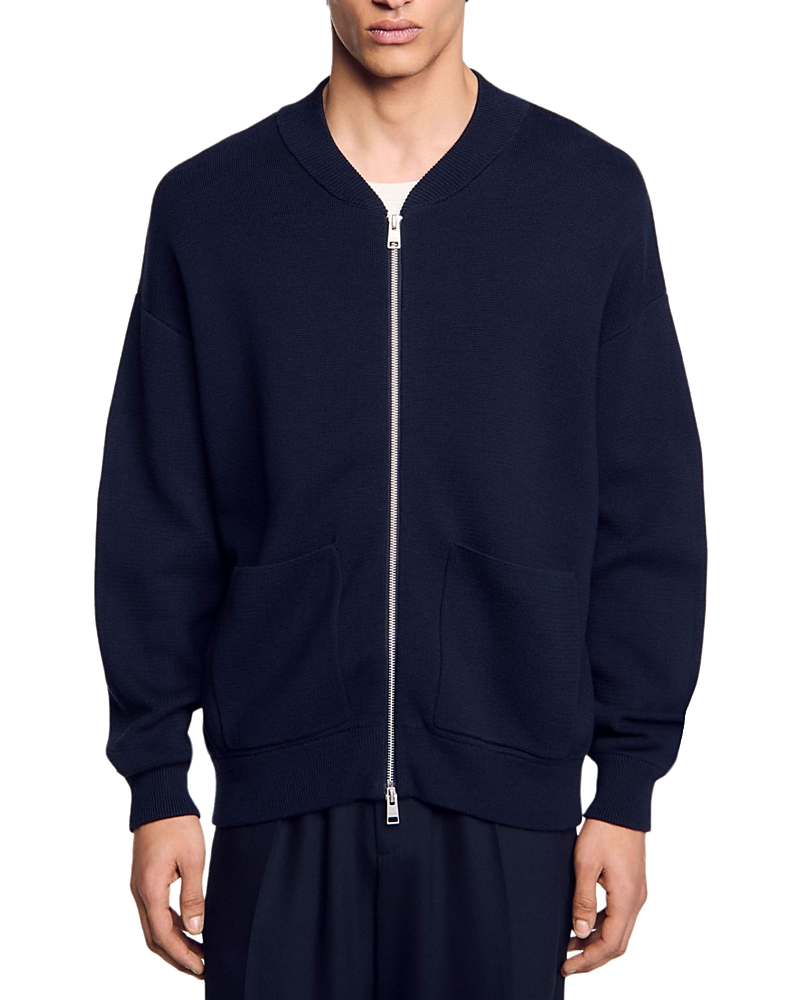 Sandro Teddy Knit Jacket In Navy Blue