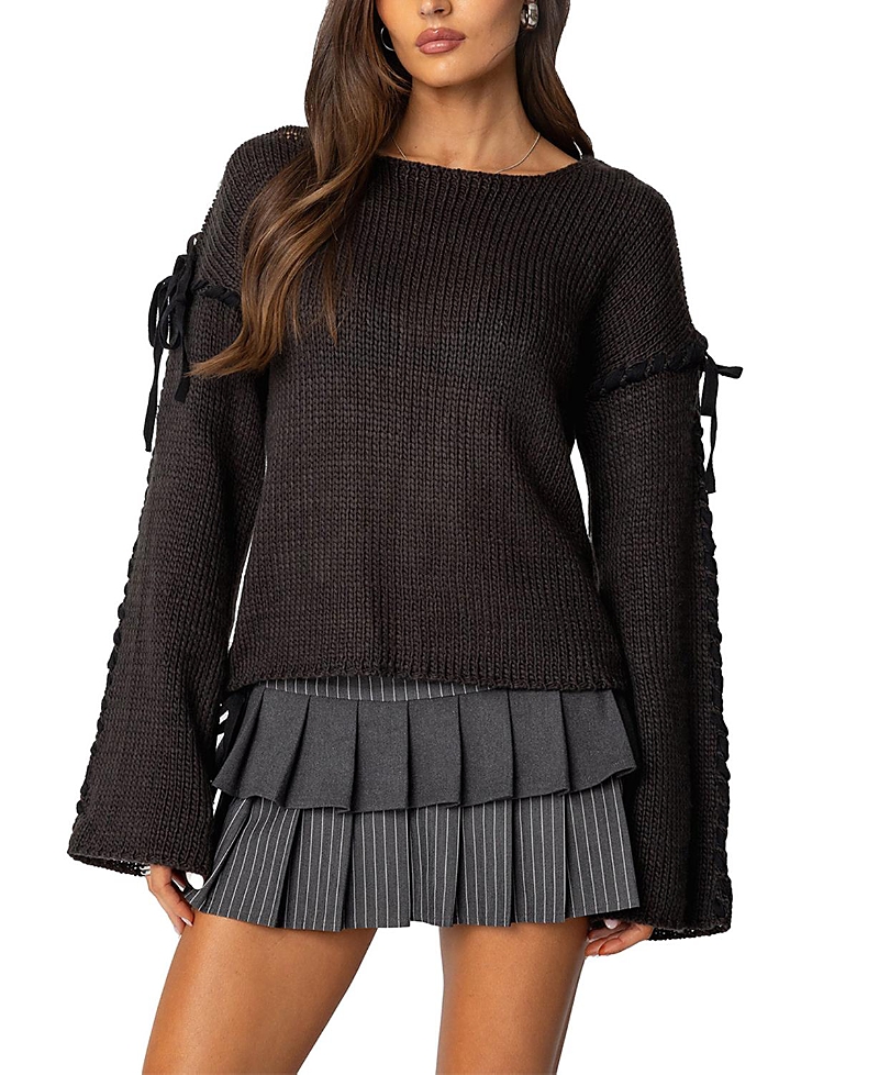Shop Edikted Amelia Lace Up Sleeve Sweater In Dark Gray