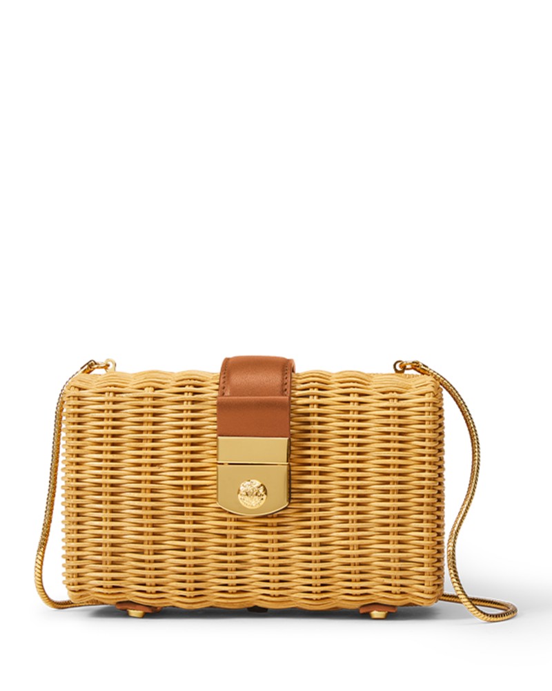 Veronica Beard Lock Box Wicker Clutch Bag in Natural Wicker/Hazelwood