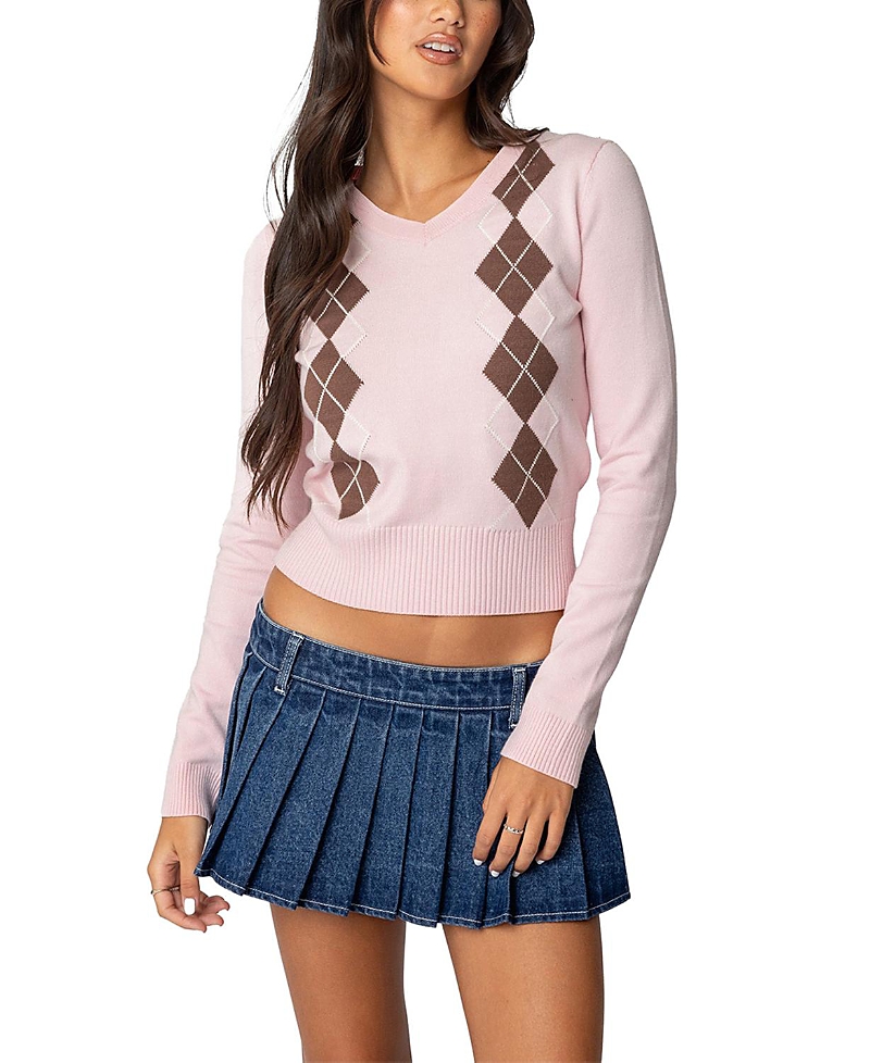 Edikted Argyle V-neck Sweater In Light Pink