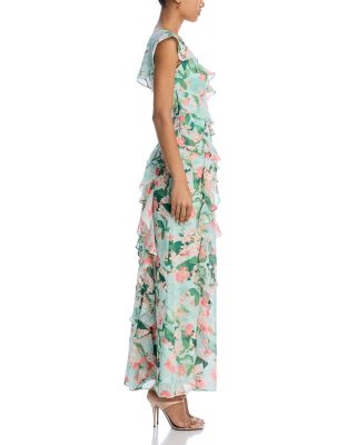 V Neck Flutter Sleeve Asymmetrical Ruffle Gown