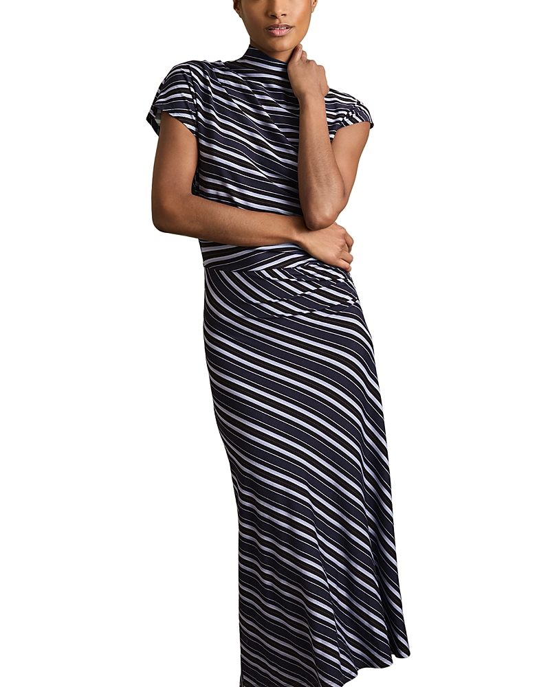 Reiss Blue Petite Stripe-print Draped Midi Dress In Blue