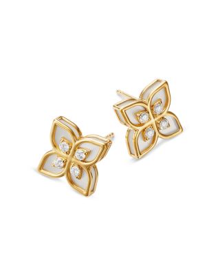 18K Yellow Gold Venetian Princess Mother of Pearl & Diamond Flower Stud Earrings