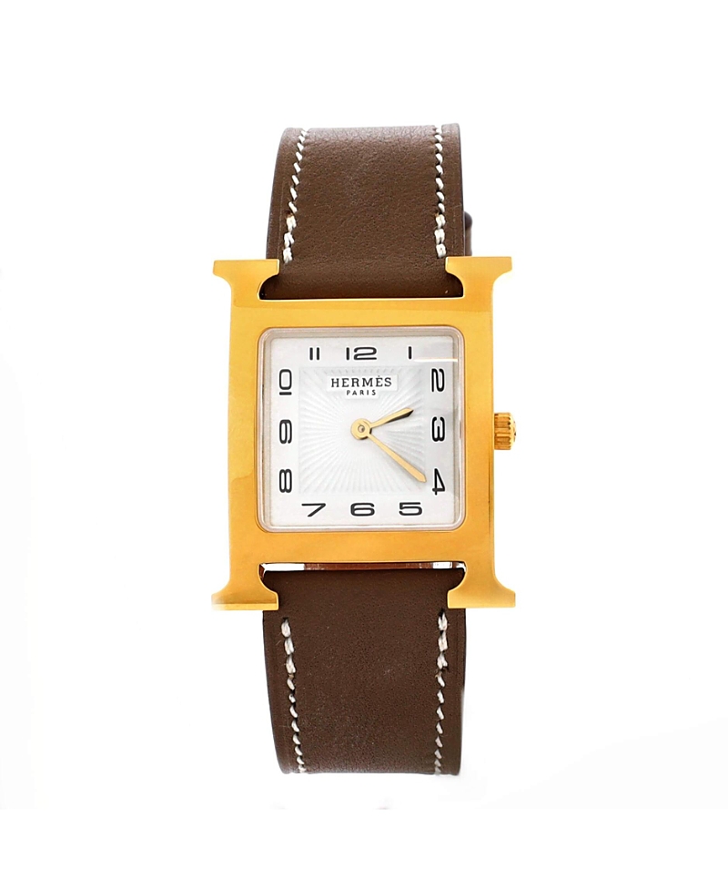 PRE-OWNED HERMES PRE-OWNED HERMES HEURE H QUARTZ WATCH IN PLATED METAL AND LEATHER 26MM