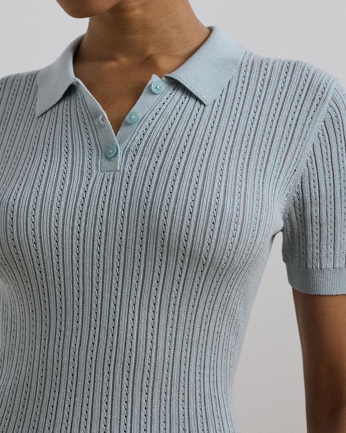 Pointelle Knit Cotton Blend Polo Sweater