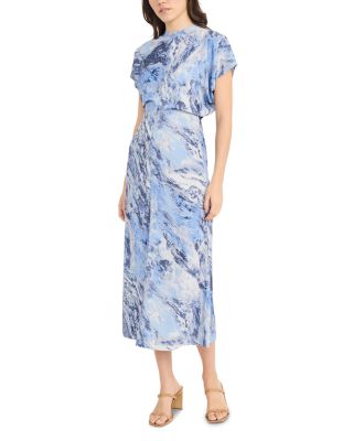 Printed Short Sleeve Gathered Midi Dress