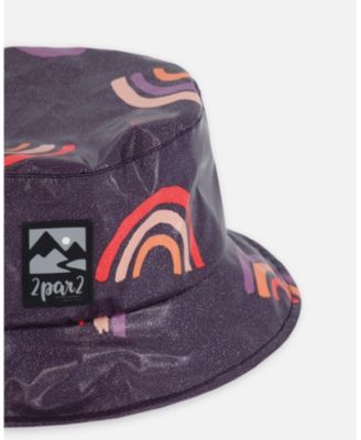 Girls' Printed Rain Coat with Hat on Shiny Background - Little Kid