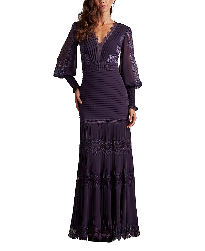 tadashi shoji purple lace dress Tadashi Shoji Embroidered Cape Gown