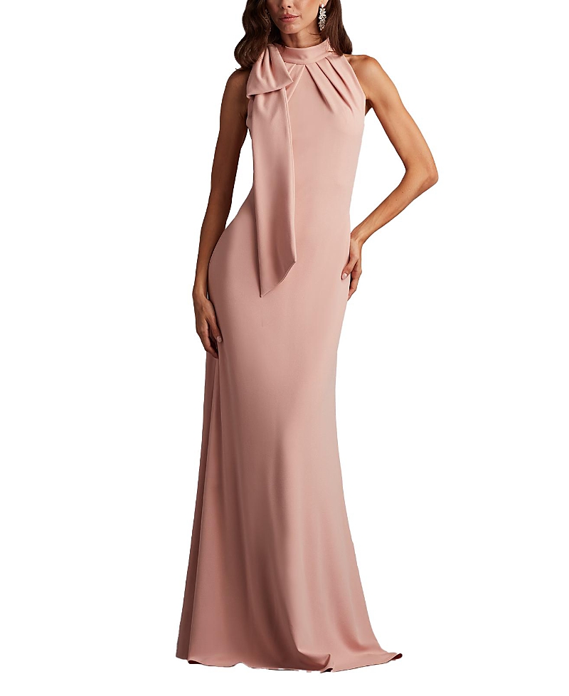 Tadashi Shoji Sleeveless Mock-neck Bow Crepe Gown In Pink