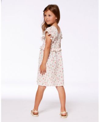  Girls' Printed Seersucker Dress with Frill Flowers on Background - Little Kid