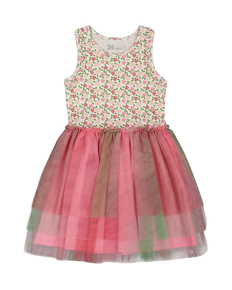 Deux Par Deux Girl's Bi-material Cotton And Mesh Dress Small Flowers And Multicolored Gradient Skirt In Small Flowers And Multicolored
