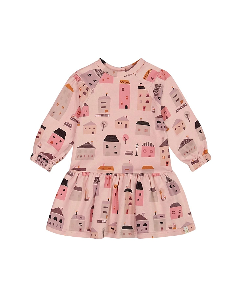 Deux Par Deux Girls' Printed French Terry Dress - Baby In Pink And Coral Houses