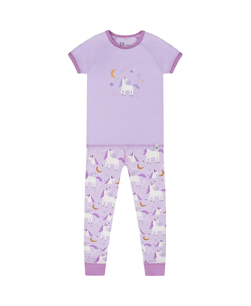 Deux Par Deux Girls' Organic Cotton Short Sleeve Top And Pant Pajama Set - Baby In White Unicorn On Mauve