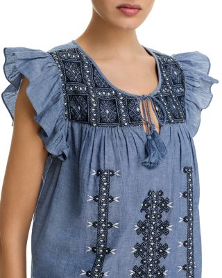 Chambray Embroidered Ruffle Top