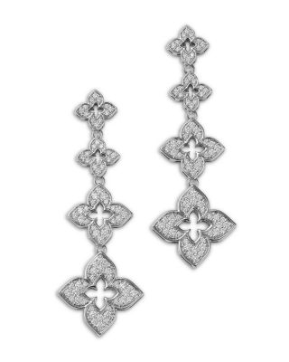 18K White Gold Venetian Princess Diamond Flower Graduated Drop Earrings