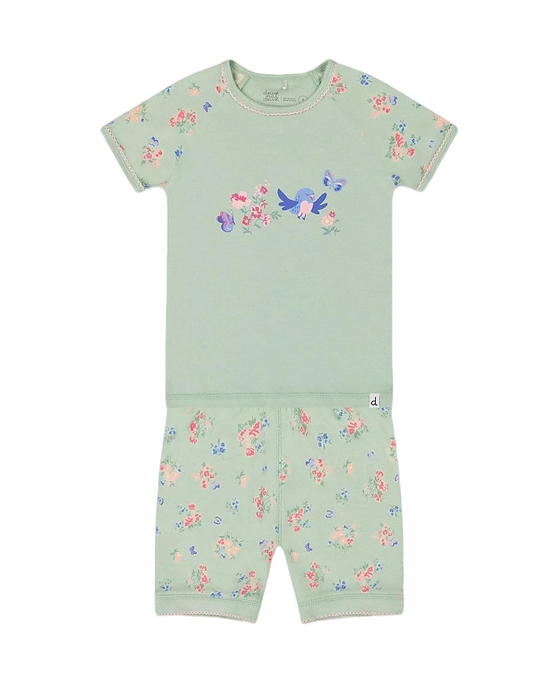 Deux Par Deux Girls' Organic Cotton Two-piece Short Pajama Set - Baby In Small Pink And Blue Flowers