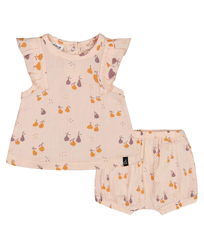 Deux Par Deux Girls' Printed Muslin Top And Bloomer Set - Baby In Peach With Pears Print