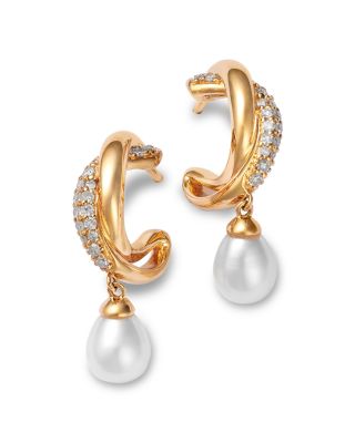 Bloomingdale's Fine Collection Cultured Freshwater Pearl & Diamond Crossover Drop Earrings 14K Yellow Gold