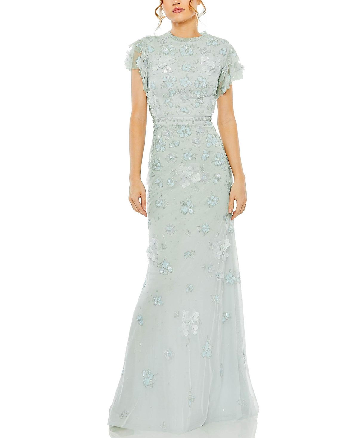 Mac Duggal Floral Embellished High Neck Flutter Sleeve Gown