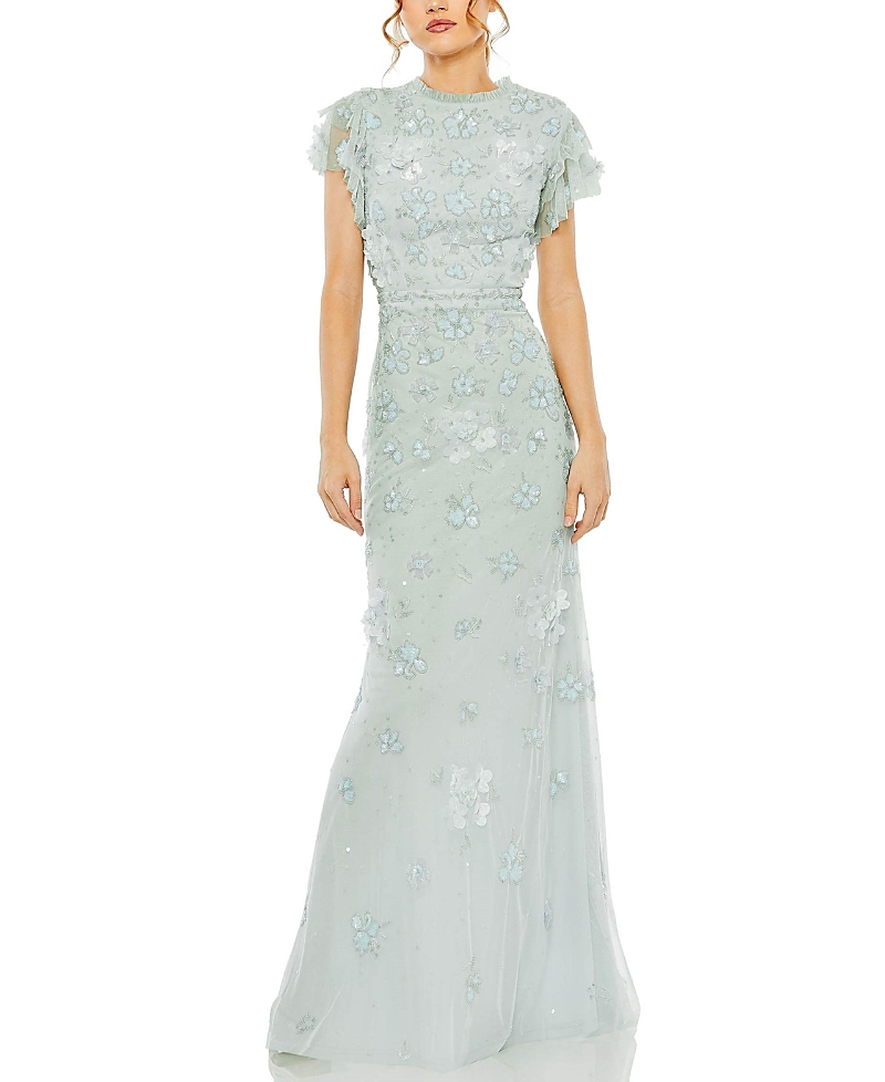 Mac Duggal Floral Embellished High Neck Flutter Sleeve Gown
