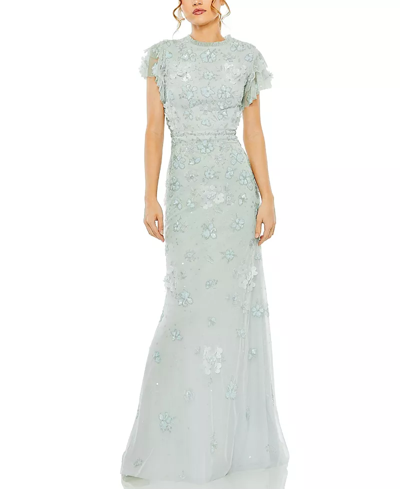 Mac Duggal Floral Embellished High Neck Flutter Sleeve Gown