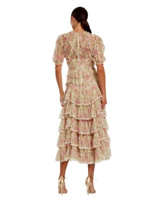 Lace Trim Printed Mesh High Neck Midi Dress