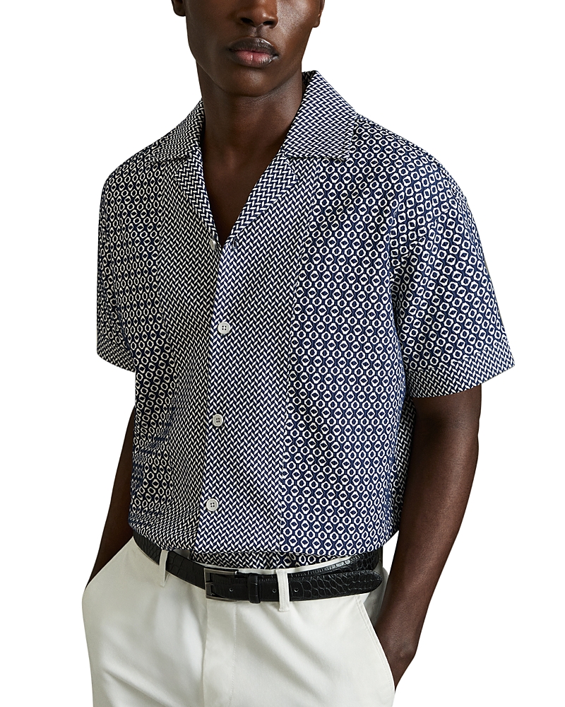 Reiss Mens Navy White Matisse Geometric-pattern Woven Shirt In Blue