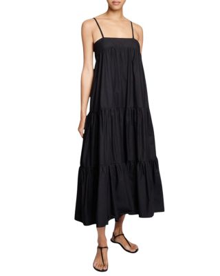 Itzel Sleeveless Multi-Tier Midi Dress with Shoulder Straps and Side Pockets in Cotton Poplin
