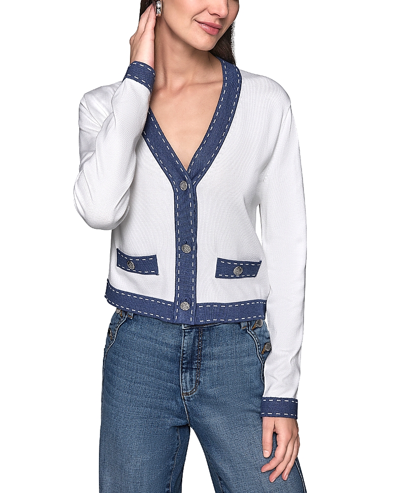 Shop Karl Lagerfeld Knit V Neck Cardigan In Soft White/indigo