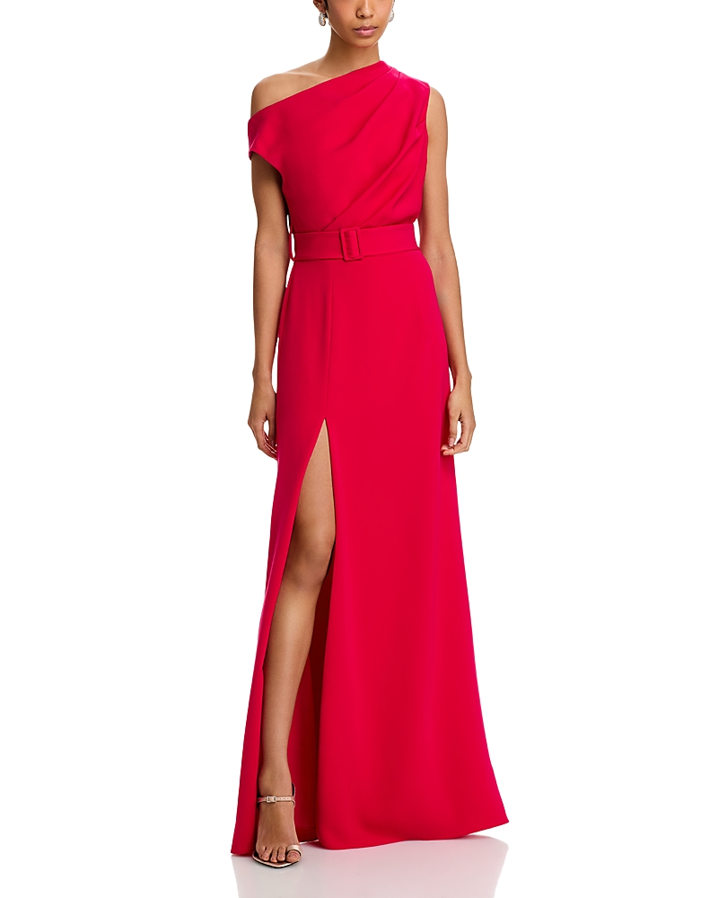 Black Halo Caprina Belted Asymmetric Off Shoulder Gown In Fuchsia