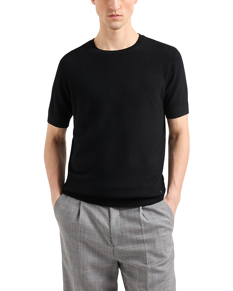Emporio Armani Short Sleeve Textured Wool Crewneck Sweater In Black
