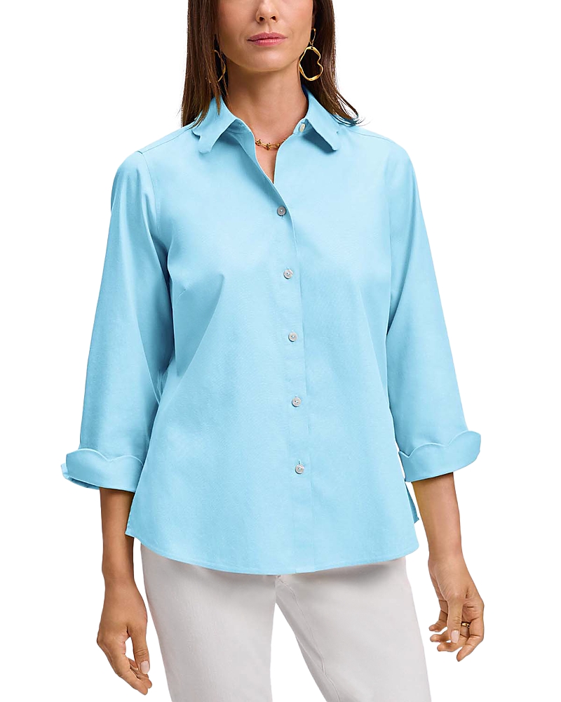 Foxcroft Gwen Three-quarter Sleeve Cotton Button-up Shirt In Soft Aqua