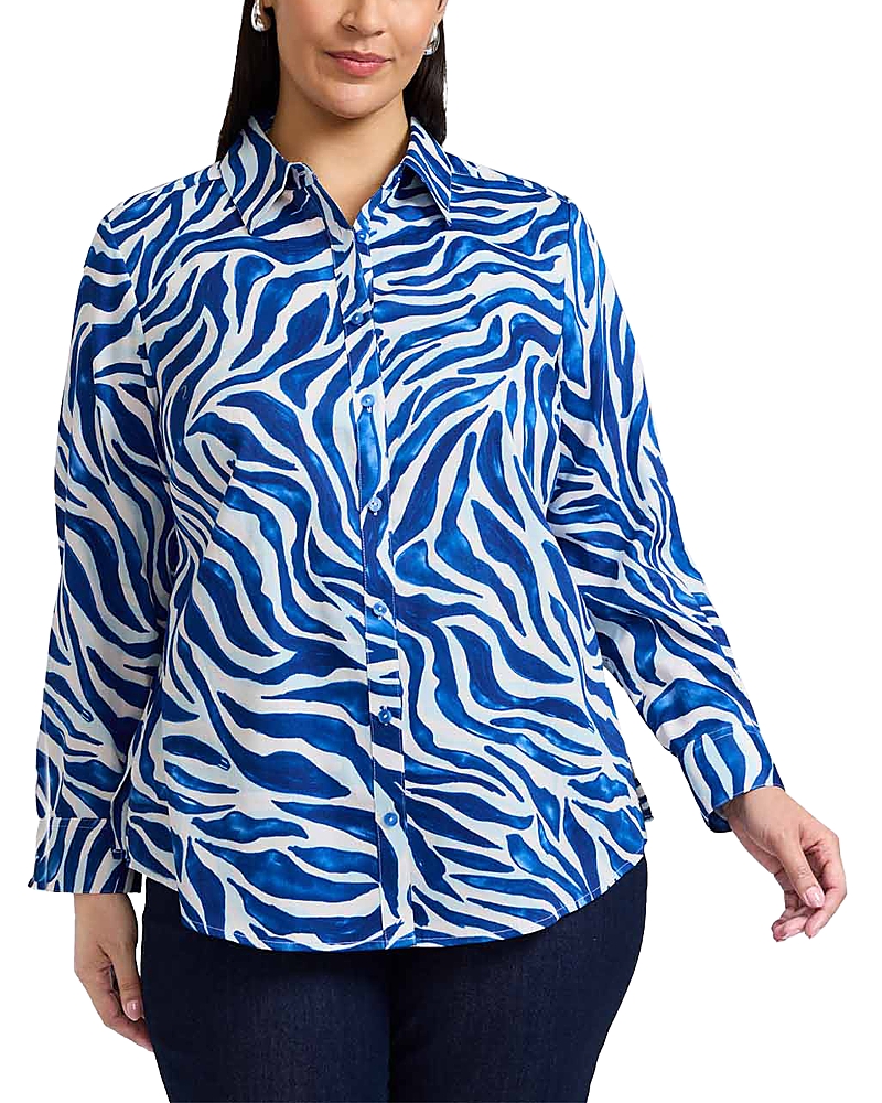 Foxcroft Plus Zoey Long Sleeved Tonal Zebra Shirt In Blue/white