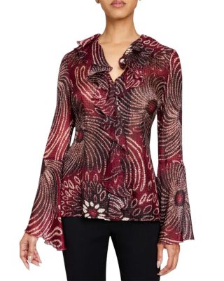 Santorelli - SYDNEY Long Sleeve Button Down Blouse with Ruffles in Silk Modern Gingham Floral Print