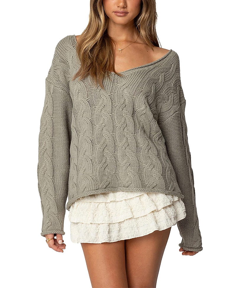 Shop Edikted Inga Oversized Cable Knit Sweater In Olive