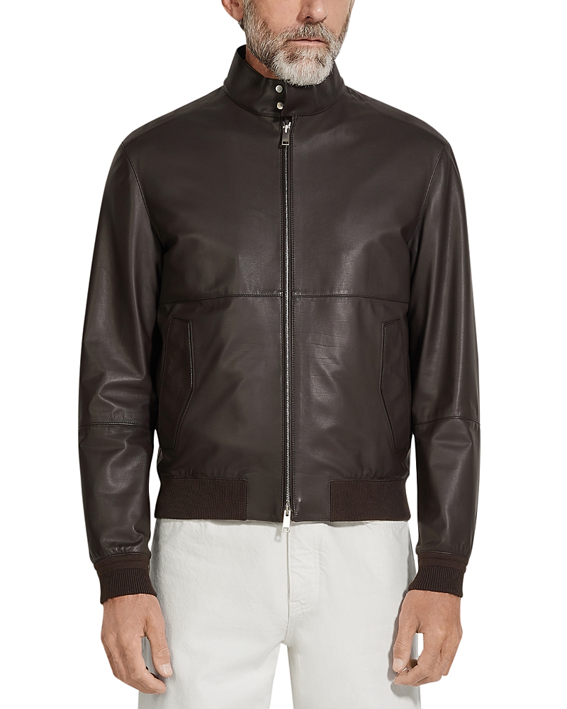Zegna Zip-up Leather Bomber Jacket In Brown