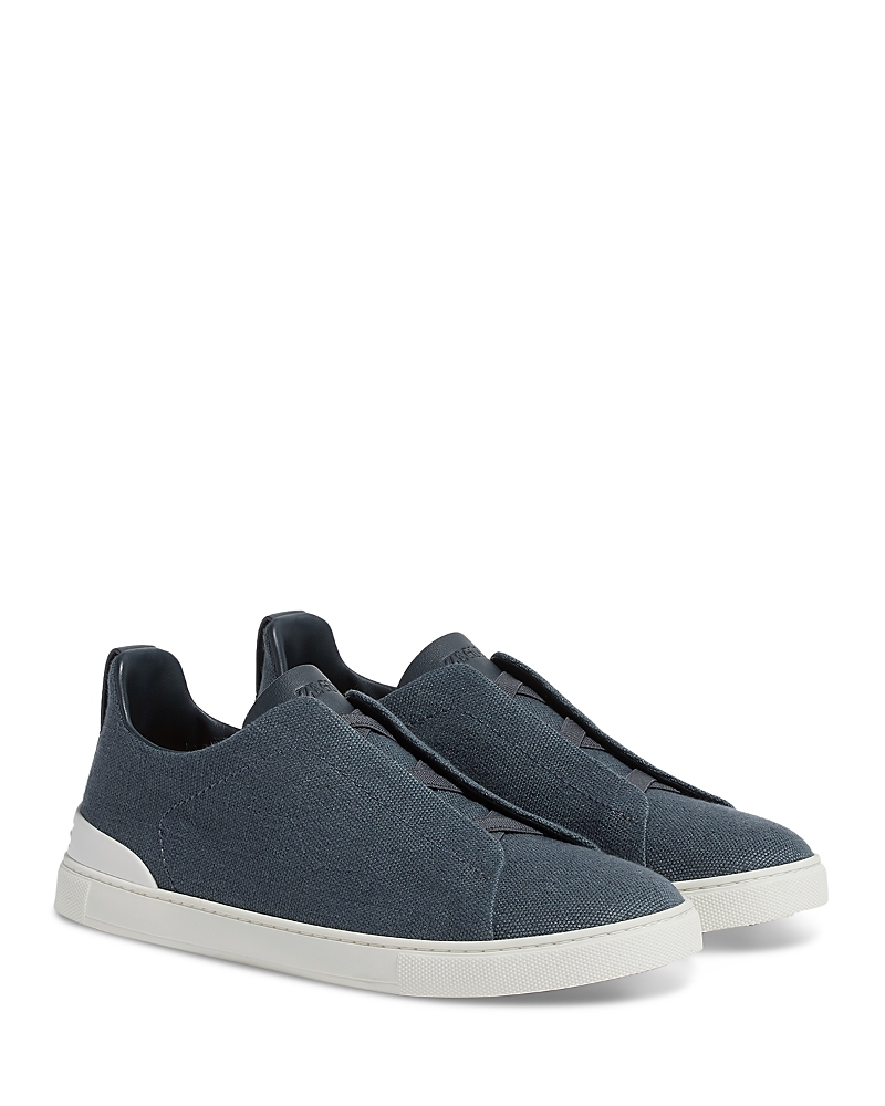 Zegna Baskets Triple Stitch En Coton, Lin Et Cuir Bleu Sarcelle Foncé In Dark Teal Blue