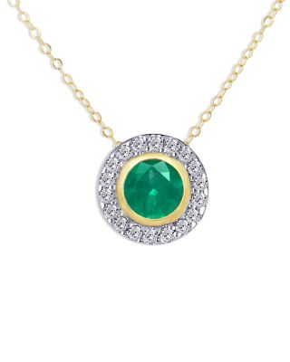 Moon & Meadow - 14K Yellow Gold Emerald & Diamond Halo Stud Pendant Necklace, 18"