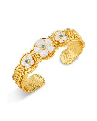 Villandry Dyed Jade & Mother Of Pearl Fleur Scalloped Cuff Bracelet in 18K Gold Plated