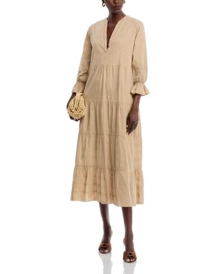 Embroidered Split Neck Midi Dress