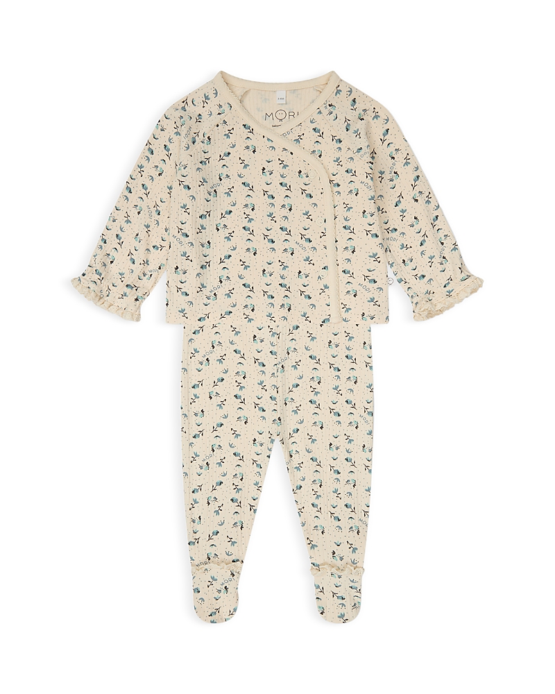 Shop Mori Girls' Ribbed Floral Print Kimono Cardigan & Footed Leggings Set - Baby In Cream Fril