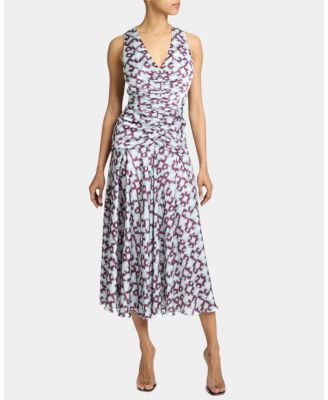 EDEN Sleeveless Fit and Flare Midi Dress with Center Ruching in Graphic Printed Charmeuse