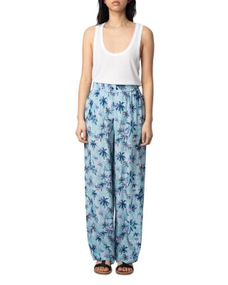 Pin Sunset Palm Mist Print Silk Pants 