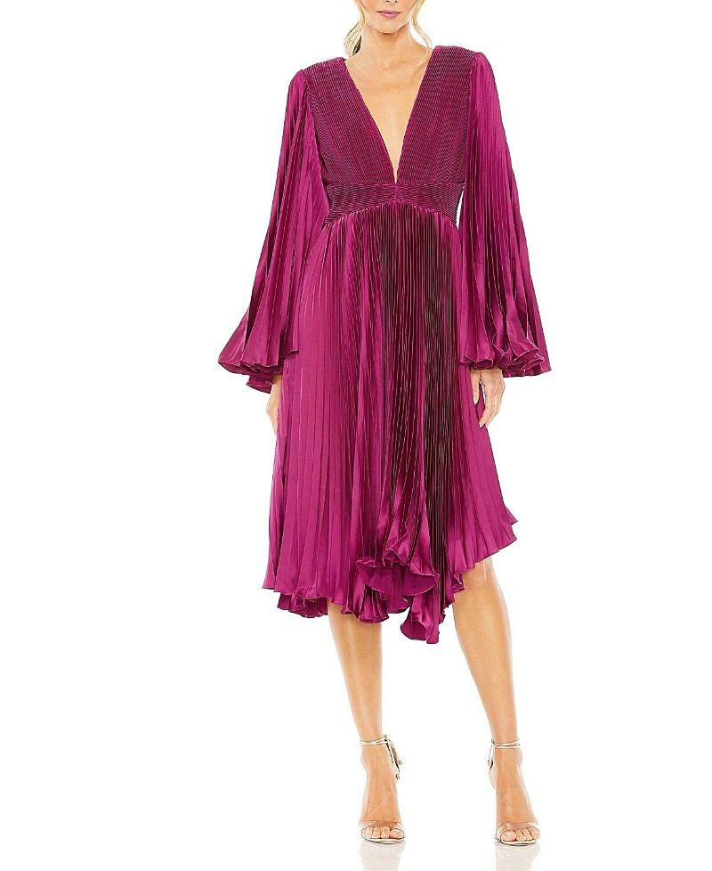 Mac Duggal Long Flare Sleeve Pleated Dress In Berry