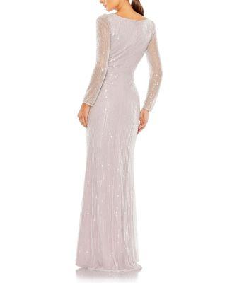 Sequined Faux Wrap Long Sleeve Gown