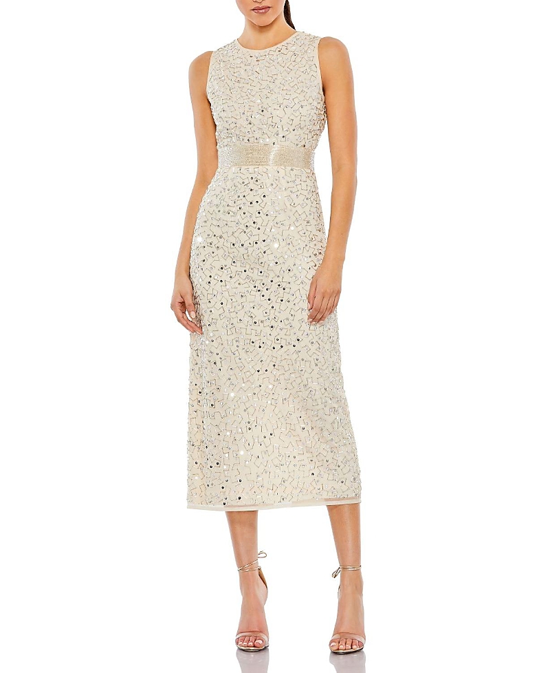 Mac Duggal Geometric Embellished Sleeveless A Line Dress In Nude Silver