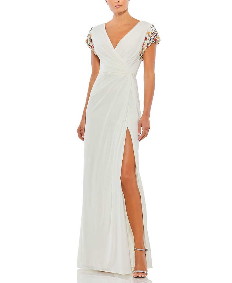 Mac Duggal Embellished Sleeve Jersey Wrap Gown In White Multi