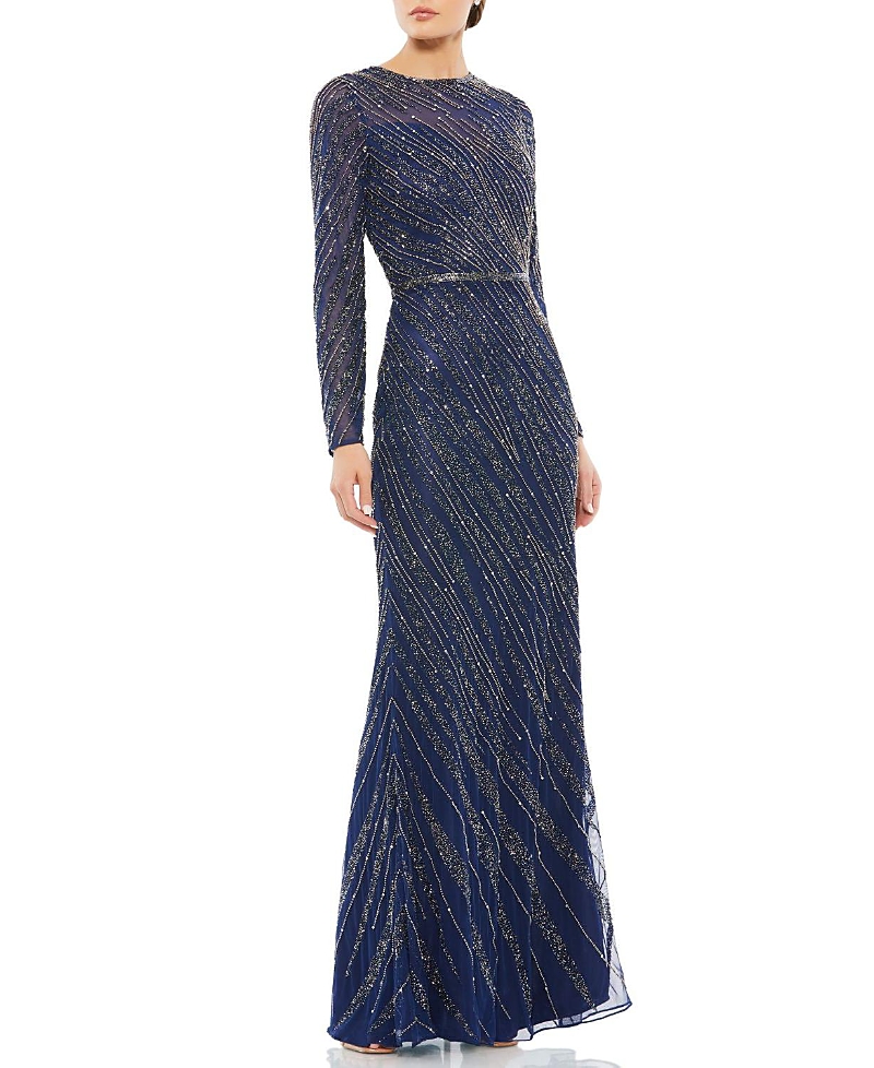 Mac Duggal Beaded Long Sleeve Column Gown In Midnight