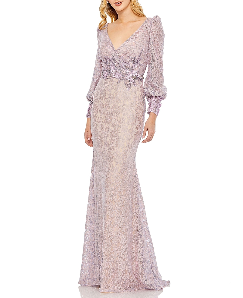 Mac Duggal Lace Long Sleeve V Neck Embellished Gown In Vintage-like Lilac